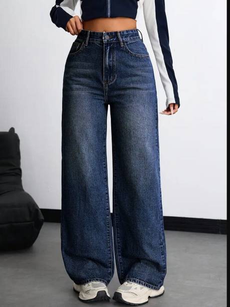 Women Loose Fit High Rise Dark Blue Jeans