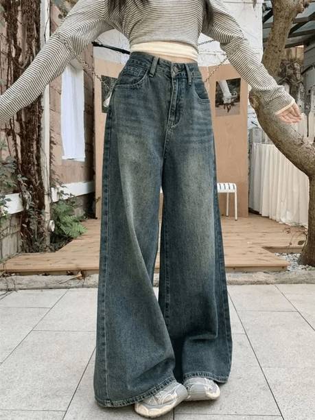Women Wide Leg High Rise Light Green Jeans