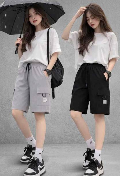 Pack of 2 Solid Women Black, Grey Gym Shorts, Running S...