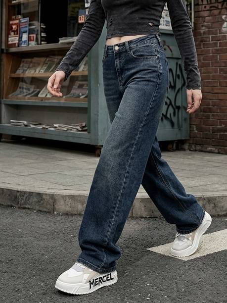 Women Wide Leg High Rise Blue Jeans
