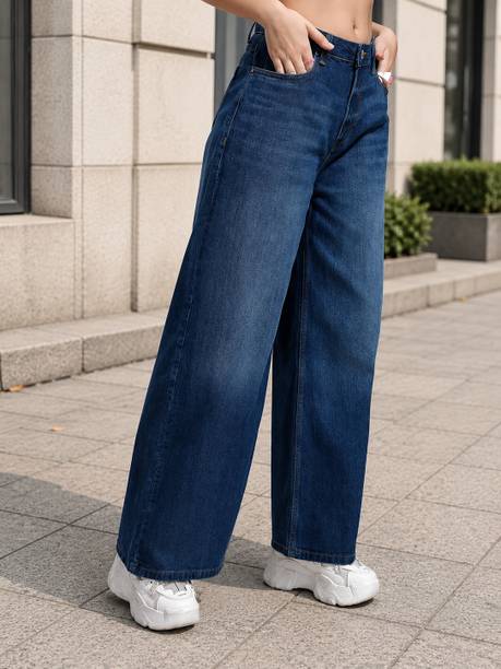 Women Wide Leg High Rise Dark Blue Jeans