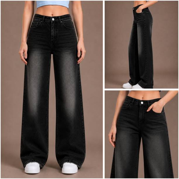 Women Wide Leg High Rise Black Jeans