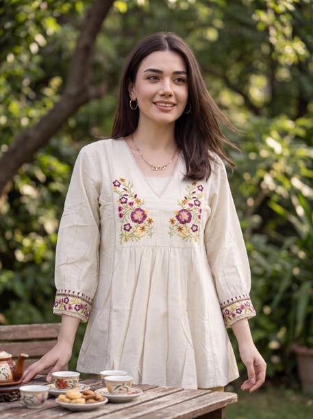 Casual Regular Sleeves Embroidered Women White Top