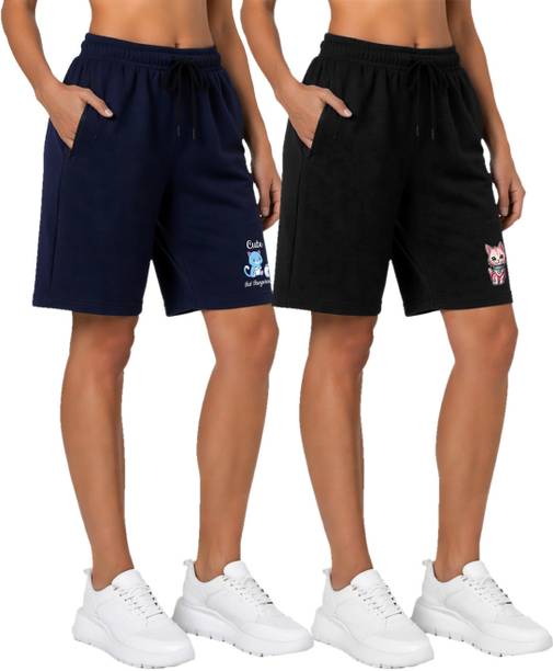 Pack of 2 Graphic Print Women Blue, Black Casual Shorts
