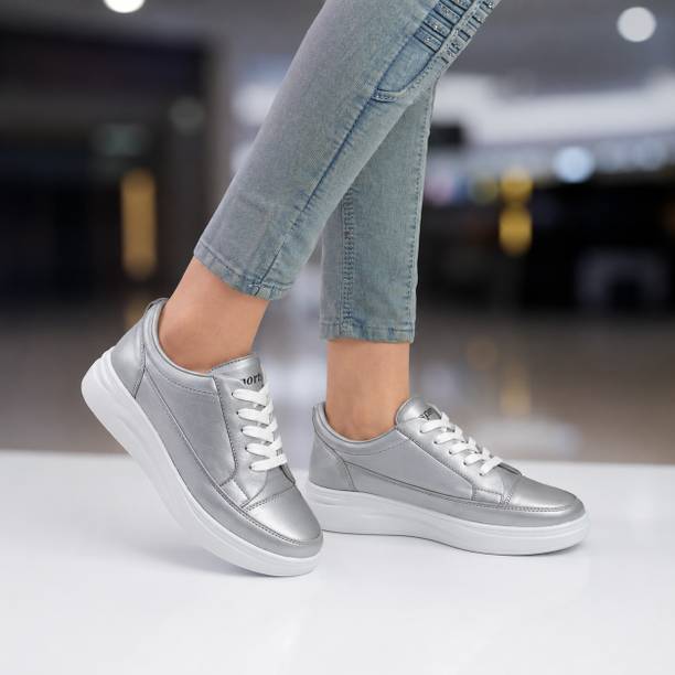 Women Silver Casual Platform Sneakers | Lace-Up Lightwe...