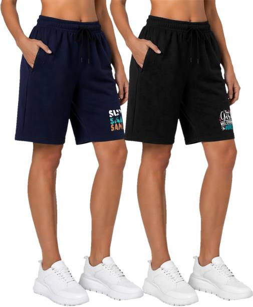 Pack of 2 Printed Women Blue, Black Casual Shorts