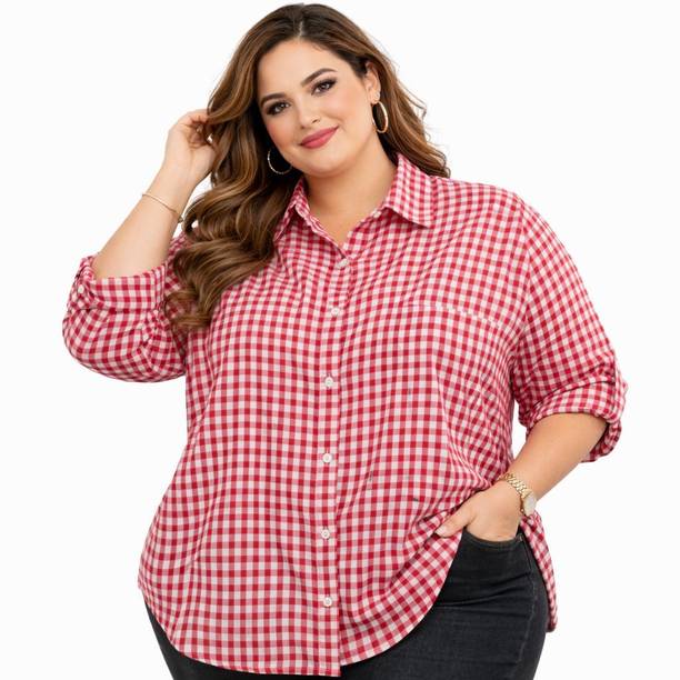 Women Relaxed Fit Checkered Spread Collar Casual Shirt