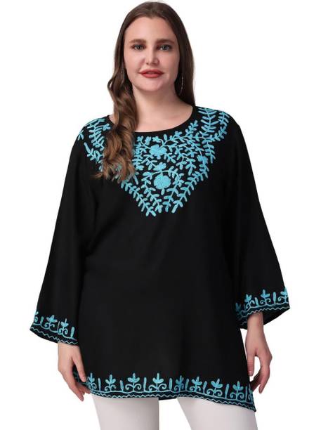 Casual Regular Sleeves Embroidered Women Black Top