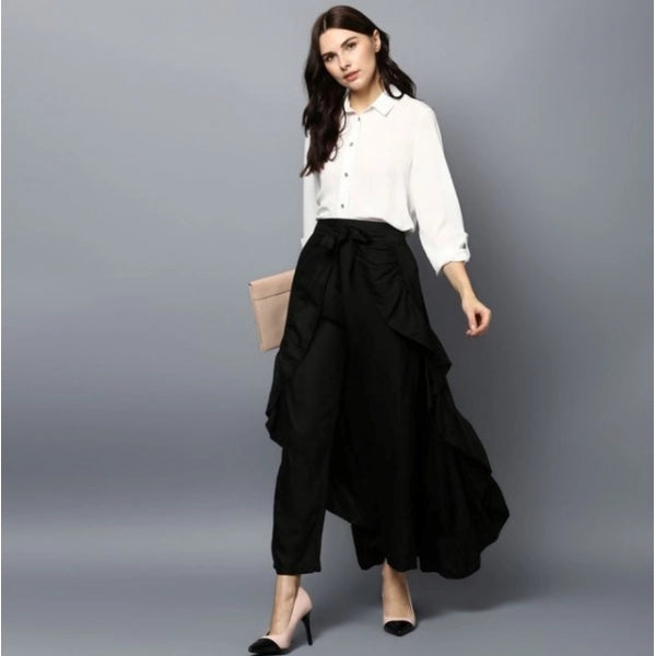Women's Rayon Ruffled Elasticated Skirt (Black)