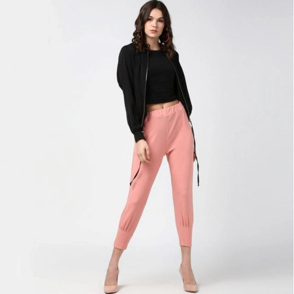 Women's Polyester Solid Elasticated Trousers (Pink)