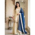 Women's Silk Embroidered 3/4th Sleeve V-Neck Kurti With Sharara Pant and Dupatta Set (Cream &amp; Blue)