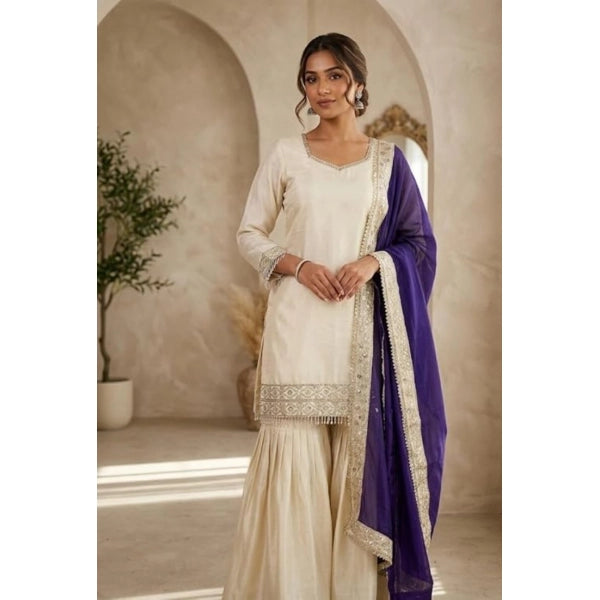 Women's Silk Embroidered 3/4th Sleeve V-Neck Kurti With Sharara Pant and Dupatta Set (Cream &amp; Purple)