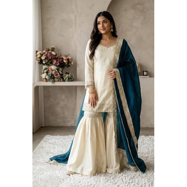 Women's Silk Embroidered 3/4th Sleeve V-Neck Kurti With Sharara Pant and Dupatta Set (Cream &amp; Teal)