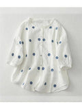 Casual Cuffed Sleeves Embroidered Women White Top