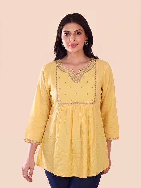 Casual Regular Sleeves Embroidered Women Yellow Top