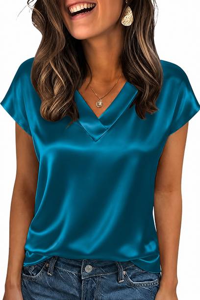 Casual Regular Sleeves Solid Women Blue Top