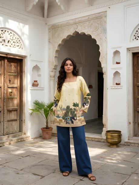 Casual Flared Sleeves Printed Women Yellow Top