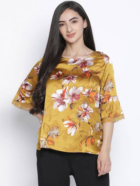 Casual Bell Sleeves Floral Print Women Yellow Top