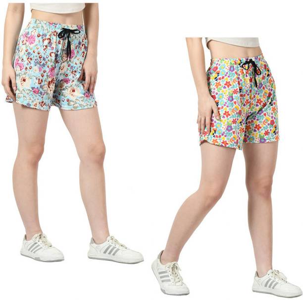 Pack of 2 Floral Print Women Multicolor High Waist Shor...