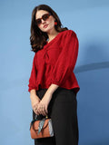 Casual Bishop Sleeve Self Design Women Red Top