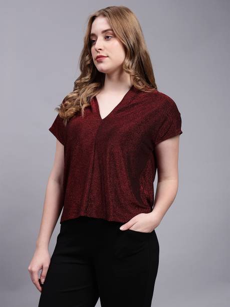 Party Regular Sleeves Embellished Women Red Top