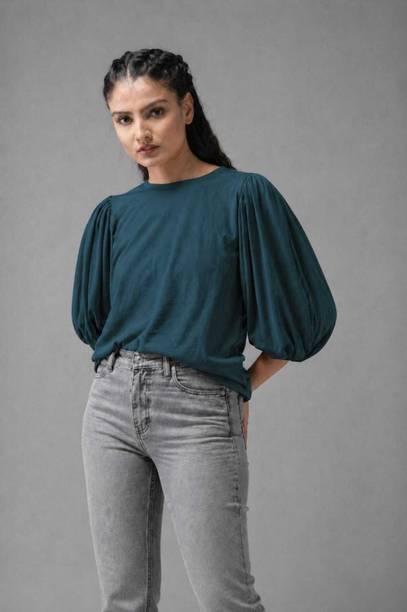 Casual Puff Sleeves Solid Women Dark Green Top