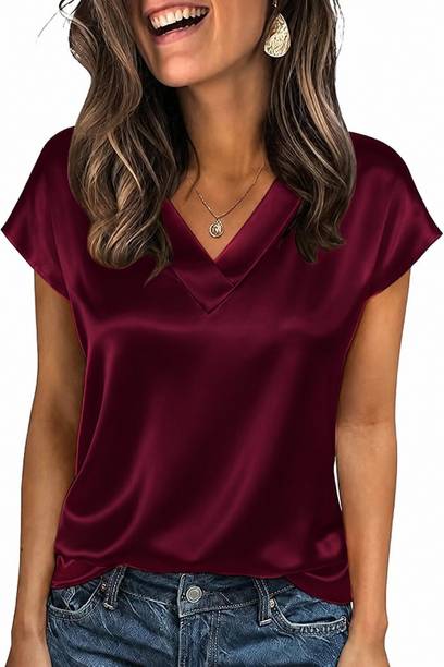 Casual Regular Sleeves Solid Women Maroon Top