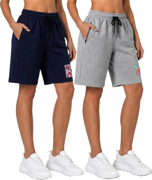 Pack of 2 Printed Women Grey, Blue Casual Shorts