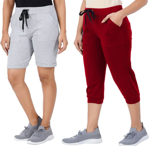 Pack of 2 Self Design Women Grey, Red Regular Shorts, C...