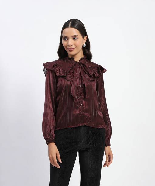 Casual Cuffed Sleeves Striped Women Maroon Top