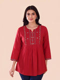 Casual Regular Sleeves Embroidered Women Red Top