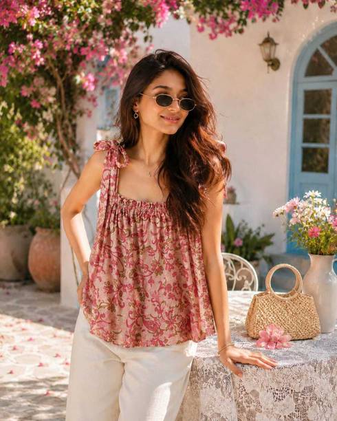 Casual Shoulder Straps Printed Women Pink Top