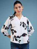 Casual Puff Sleeves Floral Print Women White, Black Top