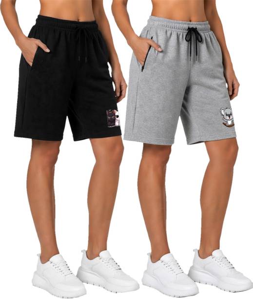 Pack of 2 Graphic Print Women Grey, Black Casual Shorts