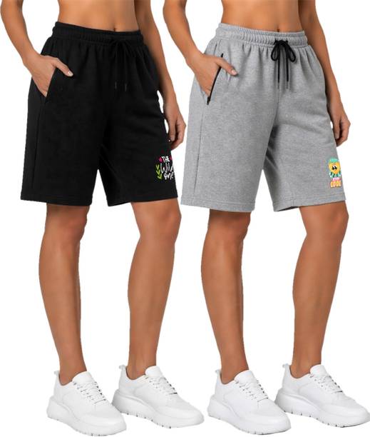 Pack of 2 Printed Women Black, Grey Casual Shorts