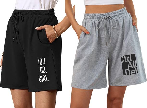 Pack of 2 Printed Women Black, Grey Regular Shorts, Cas...