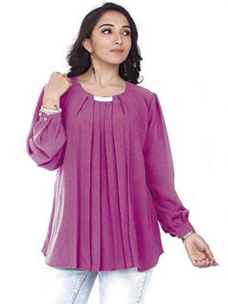 Casual Cuffed Sleeves Solid Women Pink Top