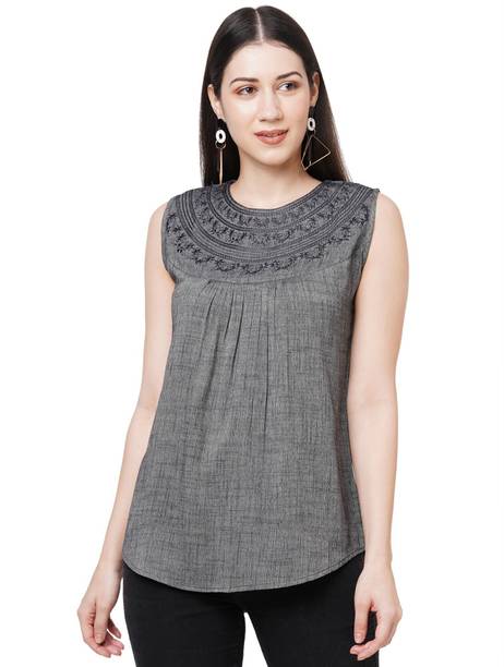 Casual Sleeveless Solid Women Grey Top