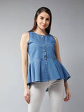 Casual Sleeveless Solid Women Blue Top