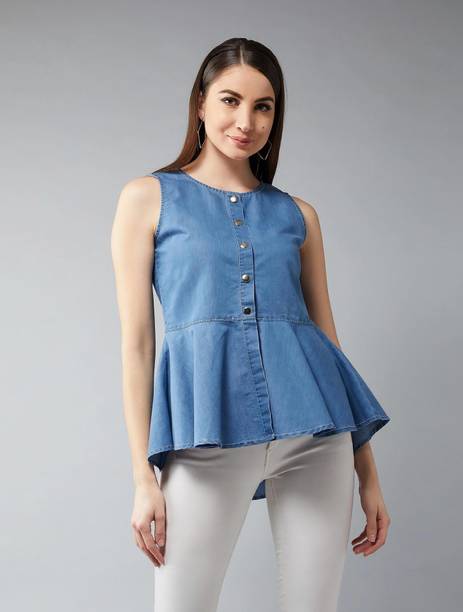 Casual Sleeveless Solid Women Blue Top