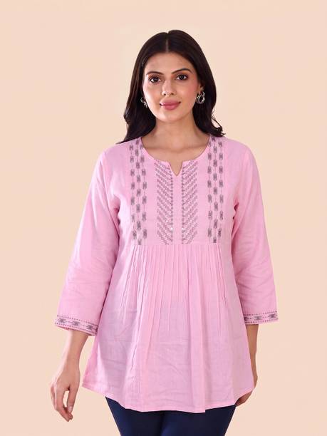 Casual Regular Sleeves Embroidered Women Pink Top