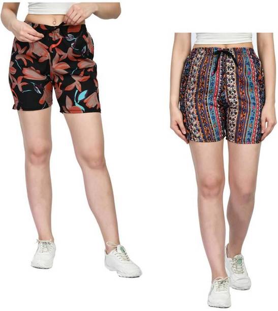 Pack of 2 Printed Women Red, Multicolor Regular Shorts