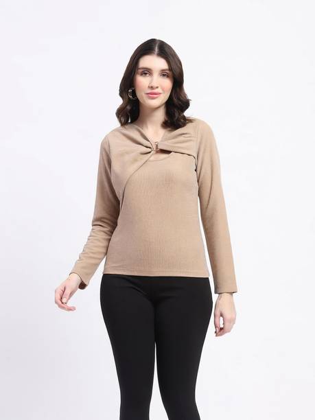 Casual Regular Sleeves Solid Women Beige Top