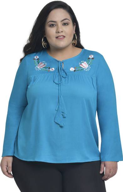 Casual Bell Sleeves Embroidered Women Blue Top