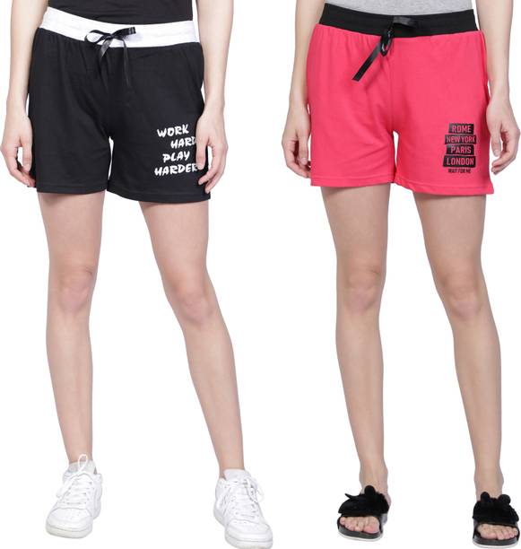 Pack of 2 Solid, Printed Women Black, Red Regular Short...