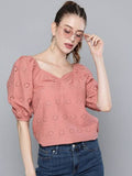 Casual Puff Sleeves Solid Women Pink Top