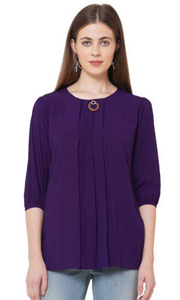 Casual Regular Sleeves Solid Women Purple Top