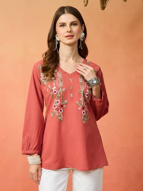 Casual Regular Sleeves Embroidered Women Orange Top