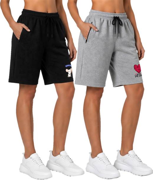 Pack of 2 Graphic Print Women Black, Grey Casual Shorts