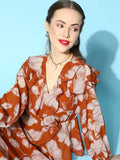 Casual Bishop Sleeve Printed Women Brown Top